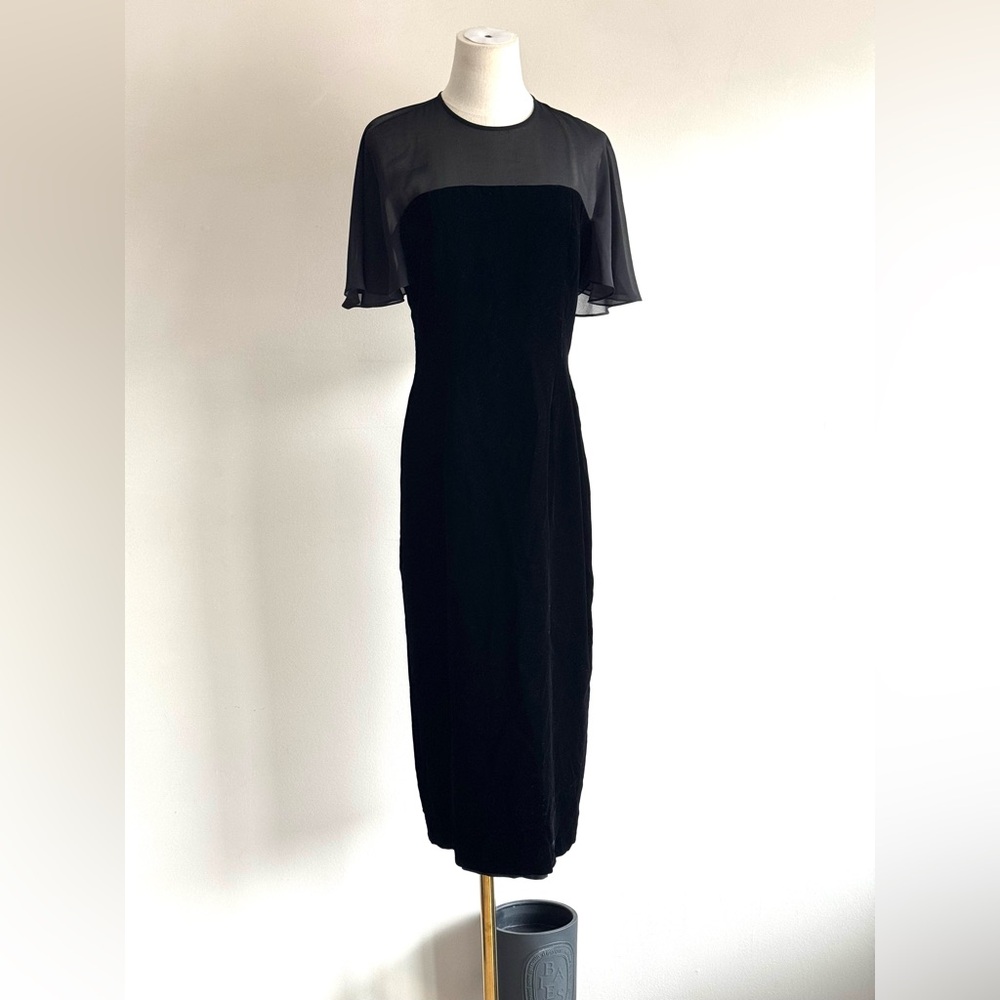 Scaasi Nights vintage Elegant Black Sheer Sleeve velvet dress lbd sz8 midi